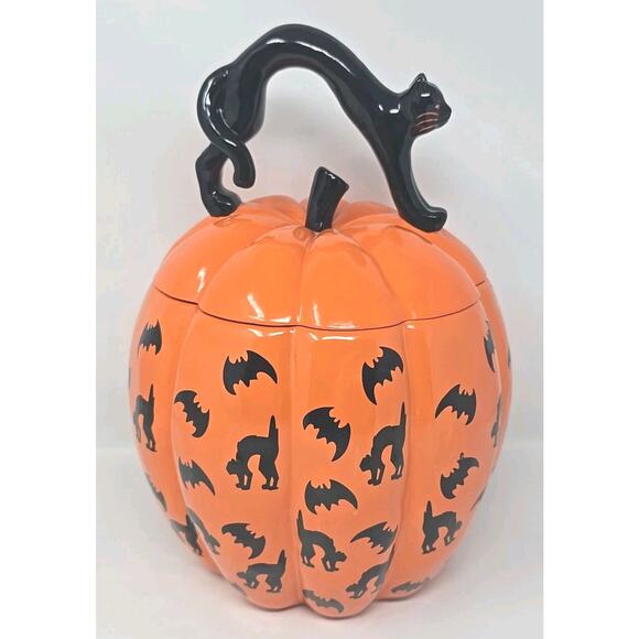 Neiman Marcus Exclusive Black Cat Black Bat Motif Halloween Pumpkin Cookie Jar - Picture 5 of 13